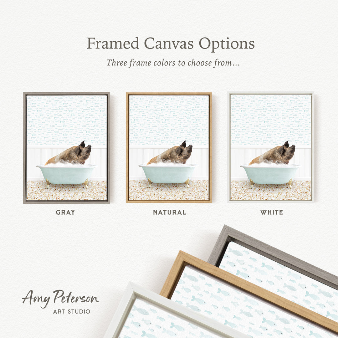 three framed canvas options, each featuring a different color: gray, natural, and white. The text above the images reads " Framed Canvas Options" and "Three frame colors to choose from...". The bottom of the image includes the text " Amy Peterson ART STUDIO".