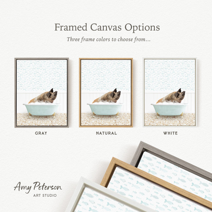 three framed canvas options, each featuring a different color: gray, natural, and white. The text above the images reads " Framed Canvas Options" and "Three frame colors to choose from...". The bottom of the image includes the text " Amy Peterson ART STUDIO".