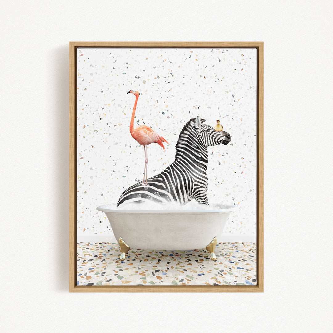 A zebra is sitting in a bathtub, with a flamingo standing on its back, creating a whimsical and surreal scene.