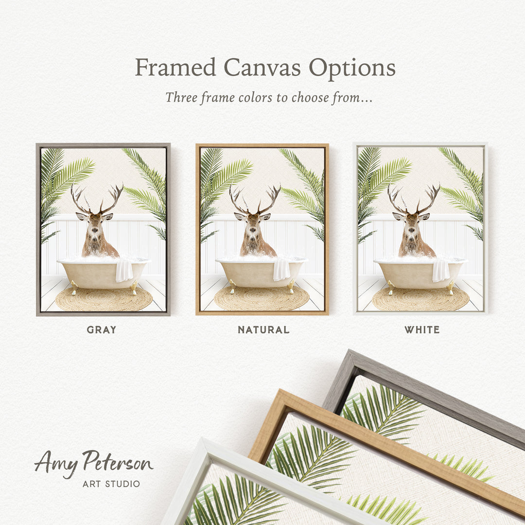 three framed canvas options featuring a deer in a bathtub, each with a different frame color: gray, natural, and white.
