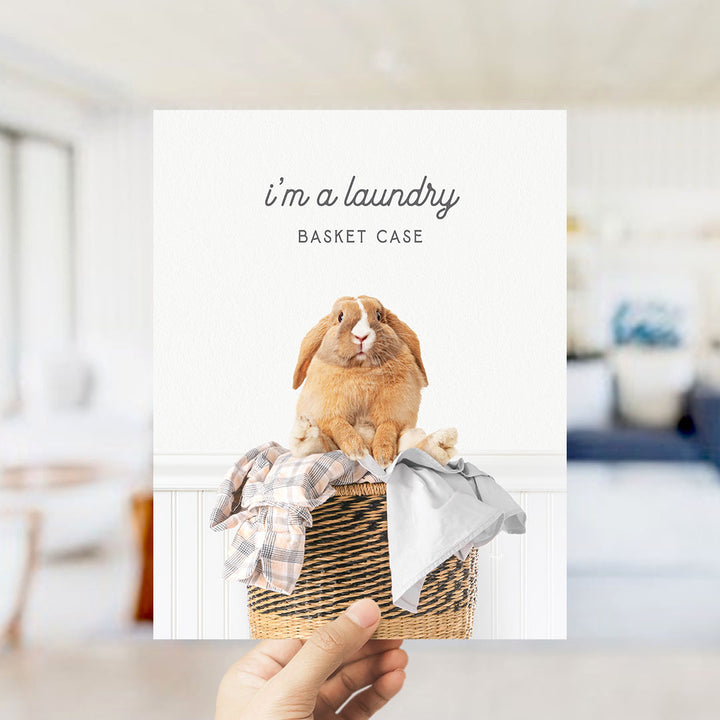A hand holding a picture of a brown rabbit sitting in a woven basket filled with clothes, with the text "I'm a laundry basket case" displayed above the image.
