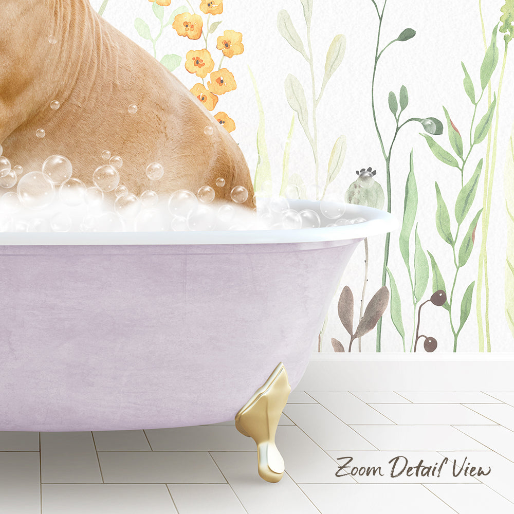 A large, pink bathtub filled with bubbles, with a dog sitting inside and surrounded by a floral wallpaper.
