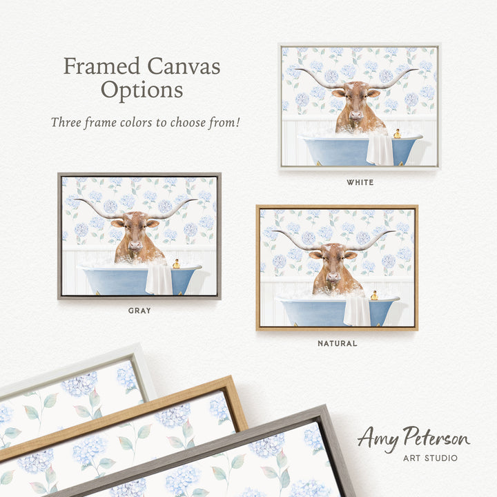 The image is a framed canvas with a picture of a cow sitting in a bathtub, surrounded by flowers. The canvas has three different frame colors to choose from: white, gray, and natural.