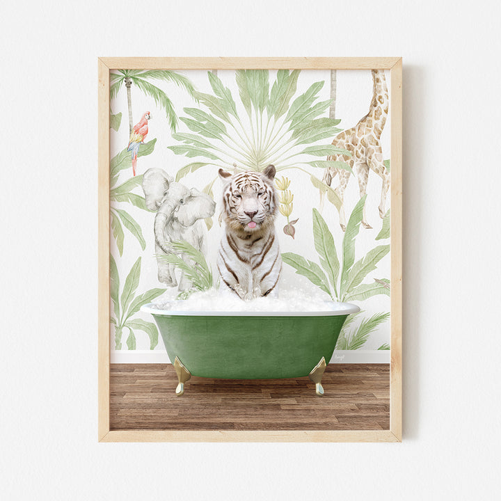 a picture of a white tiger in a green bathtub