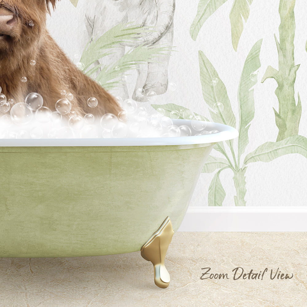 A dog is sitting in a green bathtub filled with bubbles, with a tropical plant wallpaper in the background.
