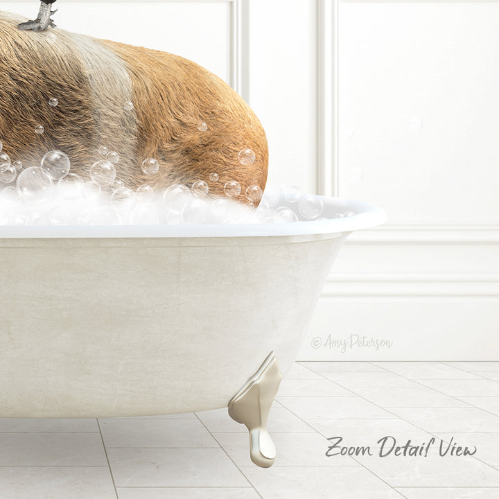 A dog is sitting in a bathtub filled with bubbles, enjoying a relaxing bath.