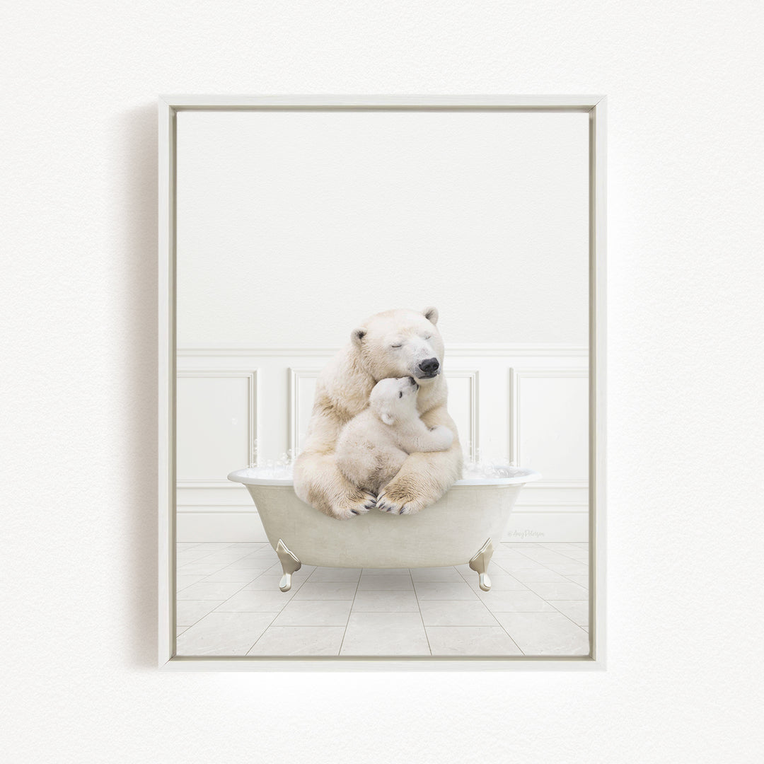 A polar bear and its cub sitting together in a bathtub, with the polar bear appearing to be hugging the cub.