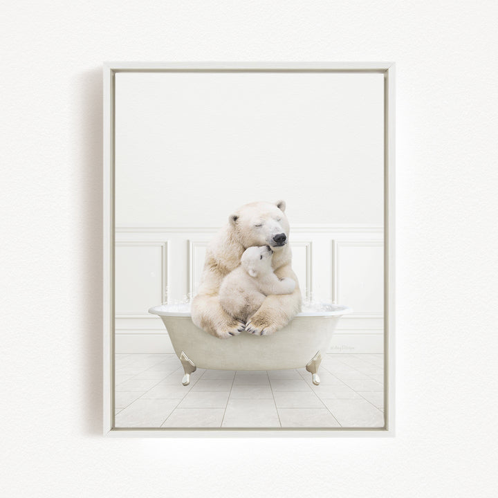 A polar bear and its cub sitting together in a bathtub, with the polar bear appearing to be hugging the cub.