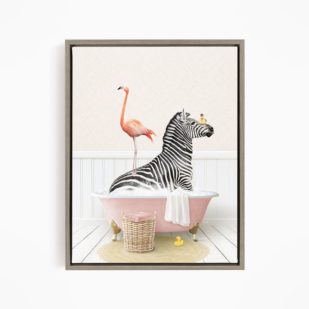 A zebra is sitting in a pink bathtub, with a flamingo standing on its back and a yellow rubber duck floating nearby.