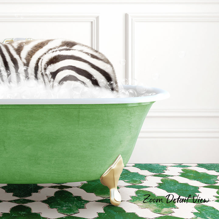 A zebra lying in a green bathtub filled with bubbles, with a patterned tile floor in the background.