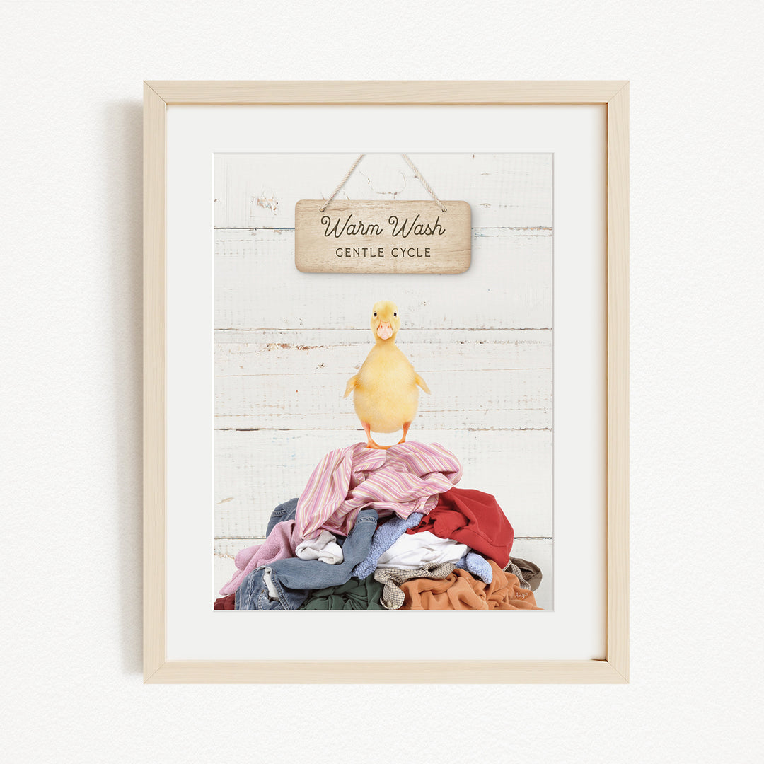 A framed image of a yellow duck standing on a pile of clothes, with a wooden sign above that reads "Warm Wash Gentle Cycle".