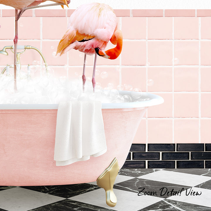 A pink flamingo stands in a pink bathtub filled with bubbles, with a white towel hanging on the side and a black and white checkered floor in the background.
