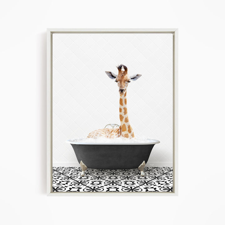 A giraffe is sitting in a bathtub filled with water, creating a whimsical and playful scene.