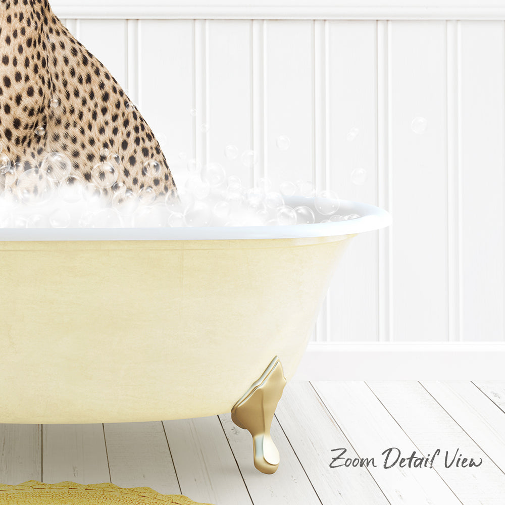 A leopard print bath mat is placed on a white wooden floor, with a bathtub filled with water and bubbles.