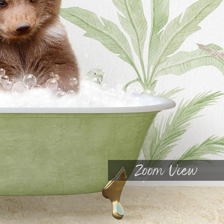 A brown bear is sitting in a green bathtub filled with bubbles, with a palm tree and bird in the background.