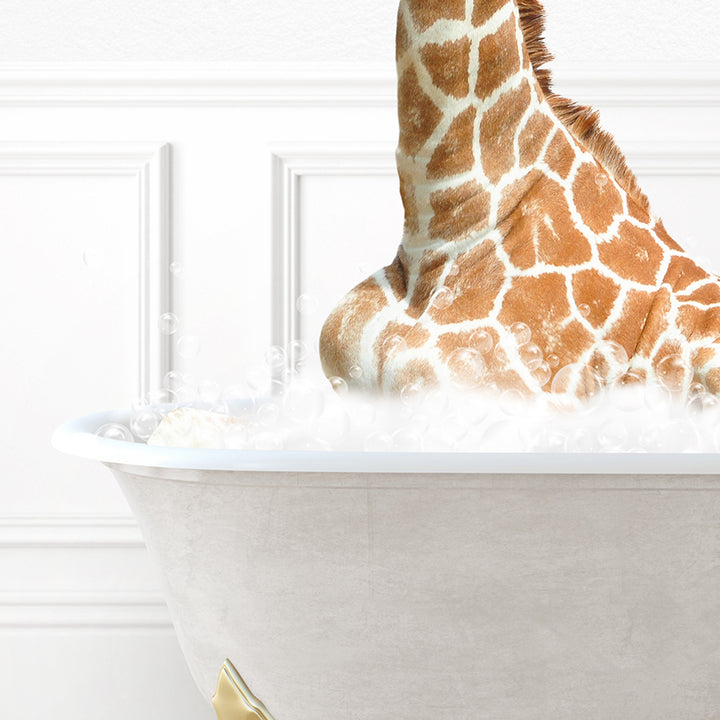 a giraffe sticking its head out of a bathtub