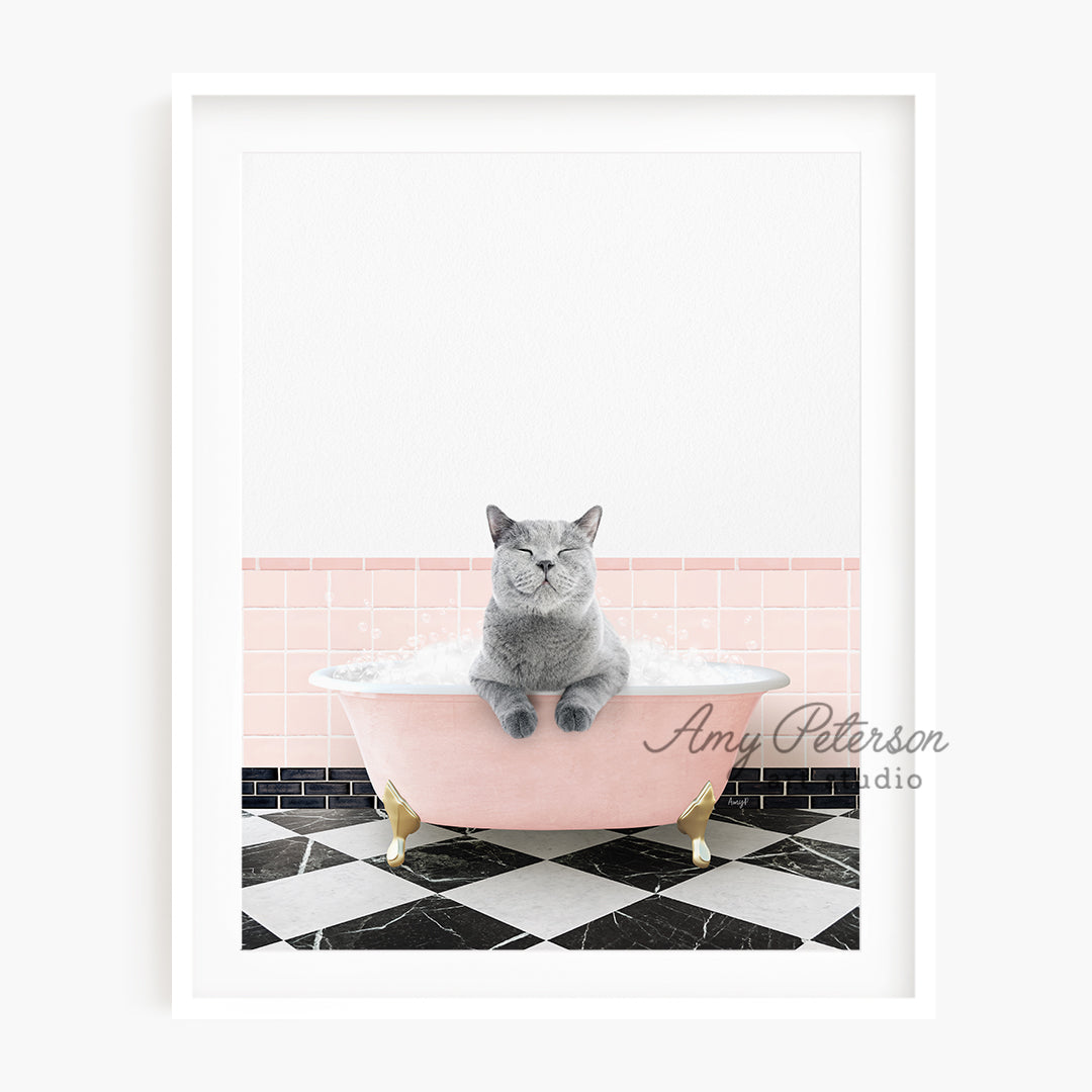 a gray cat sitting in a pink bath tub