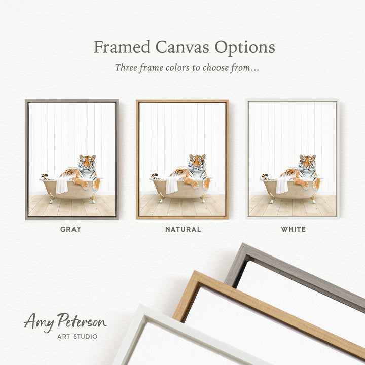 The image is a framed canvas option featuring three different colored frames with a tiger image in each frame.