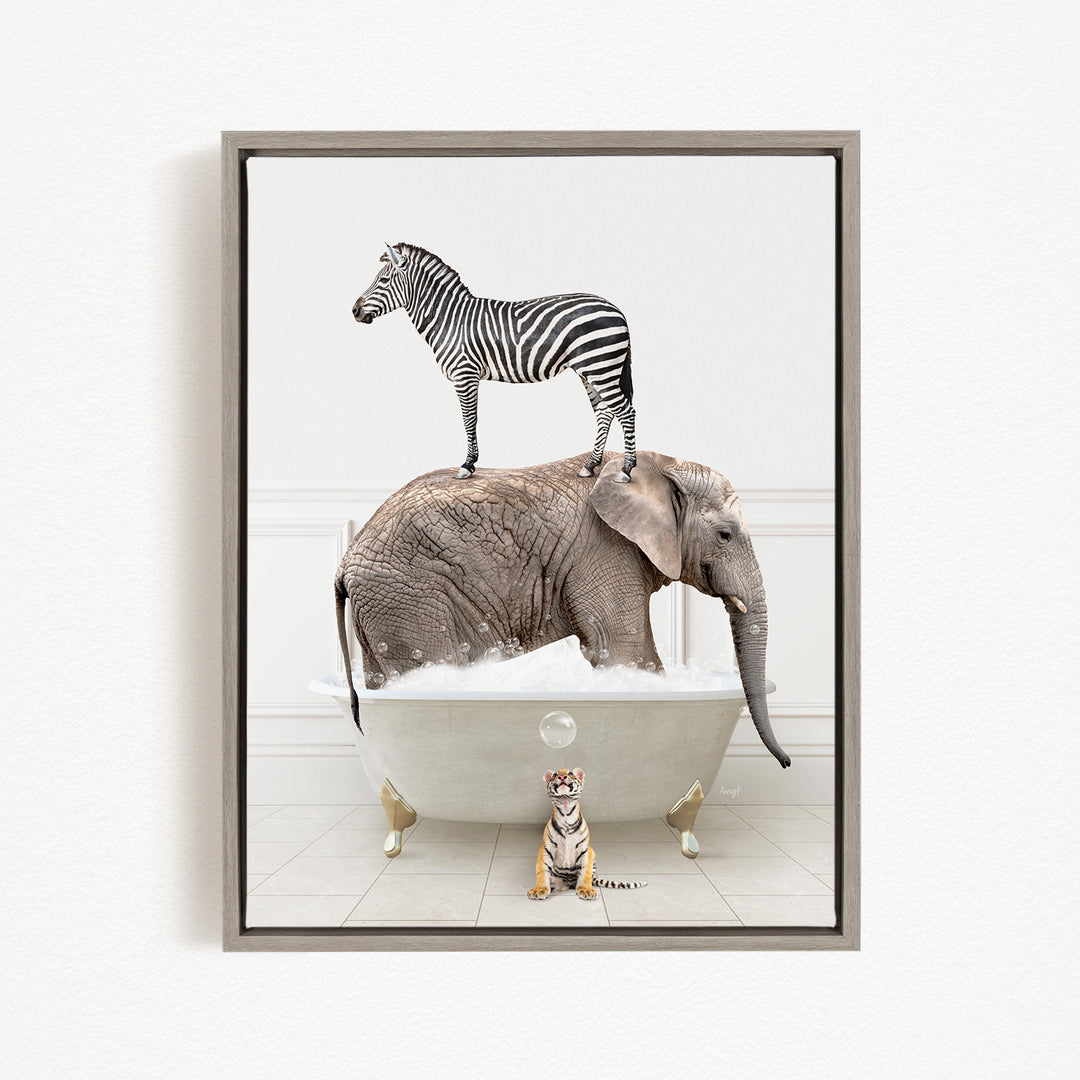 A zebra stands on the back of an elephant in a bathtub, with a small tiger sitting nearby.