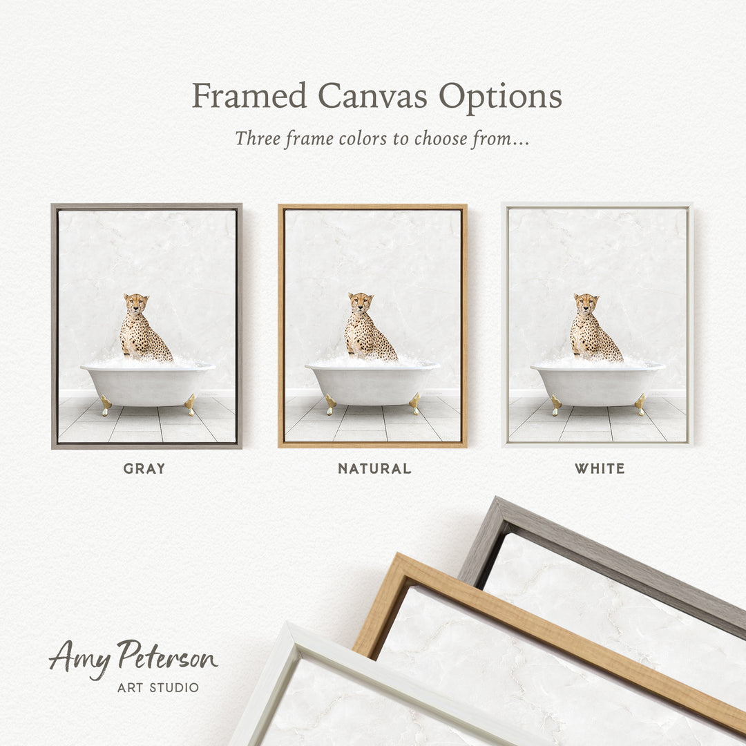 three framed canvas options, each featuring a cheetah sitting in a bathtub. The options include a gray frame, a natural frame, and a white frame.