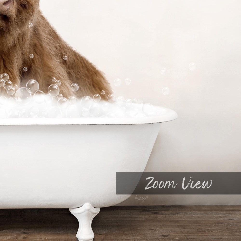 A brown dog sitting in a white bathtub filled with bubbles, with the text "Zoom View" below the image.