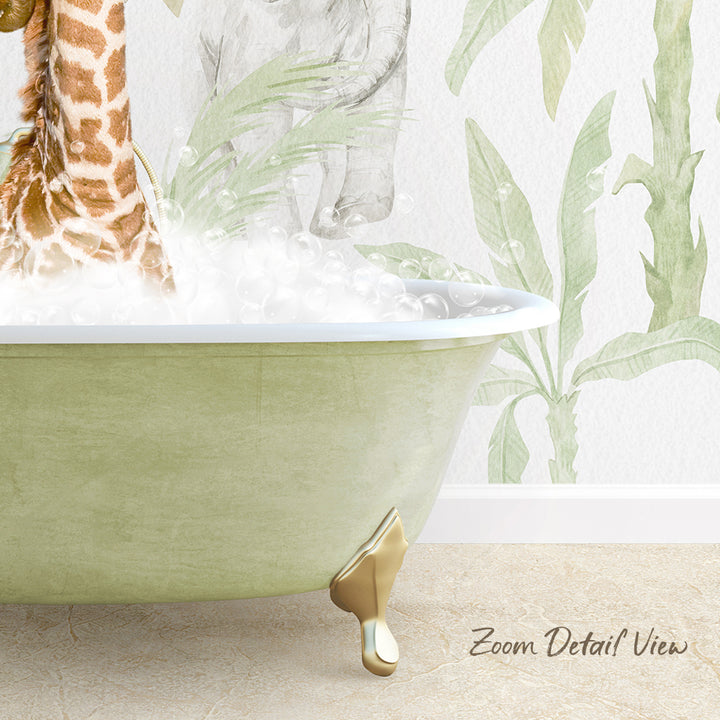 A giraffe standing in a bathtub filled with bubbles, with a wall featuring a tropical plant pattern in the background.