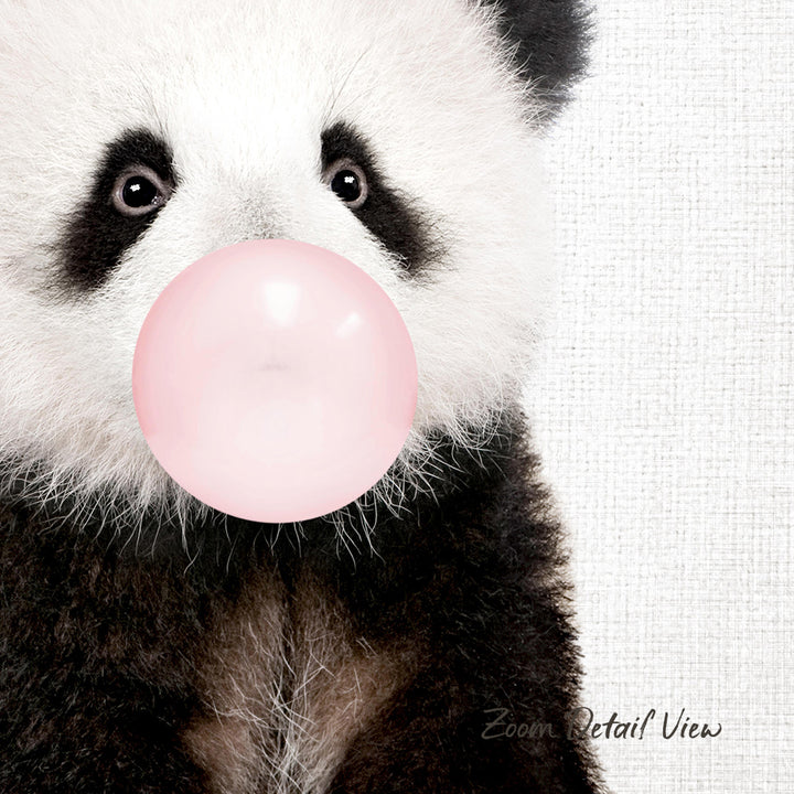A panda bear blowing a bubble with a pink bubble gum bubble.