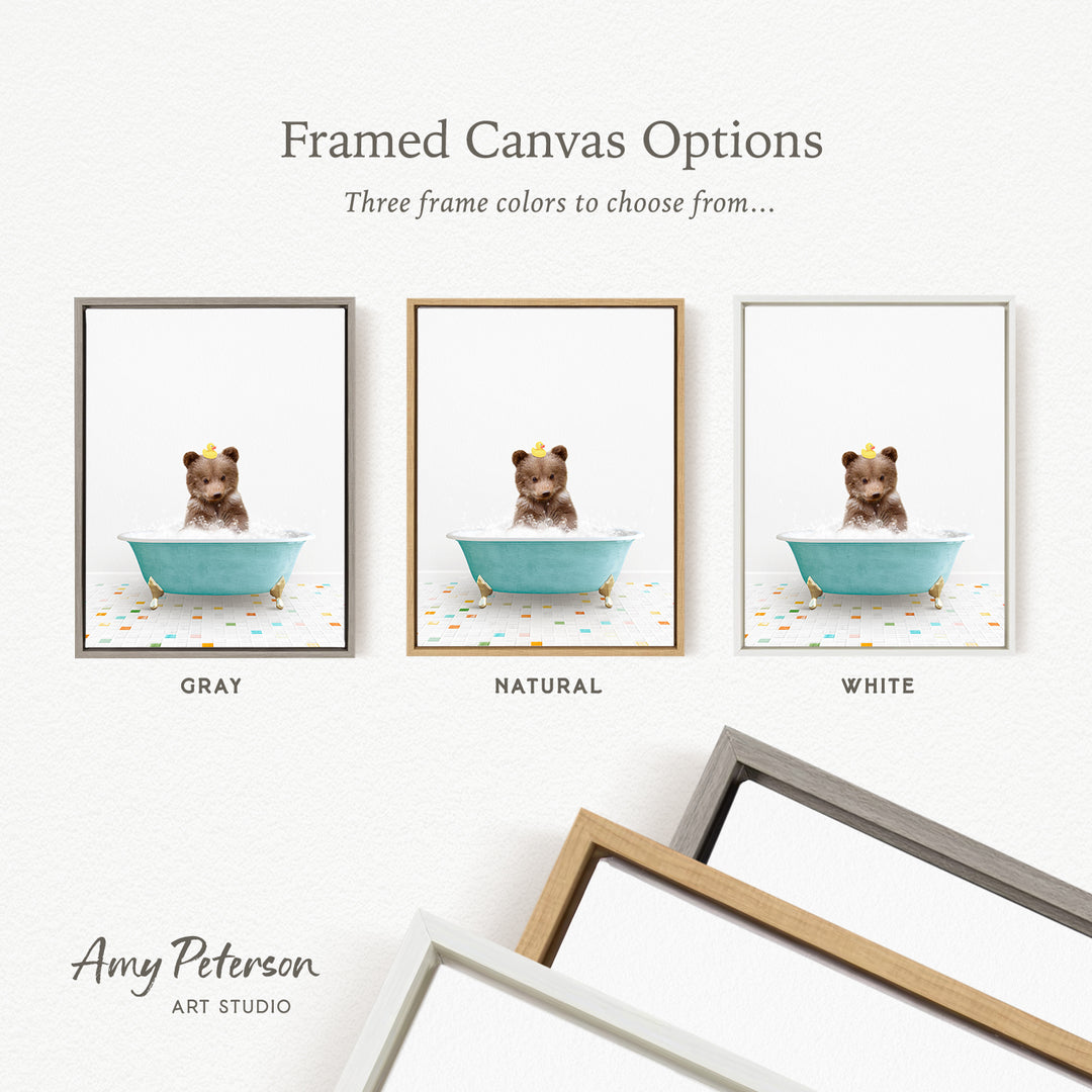 three framed canvas options, each featuring a small brown bear in a bathtub. The options include a gray frame, a natural frame, and a white frame.