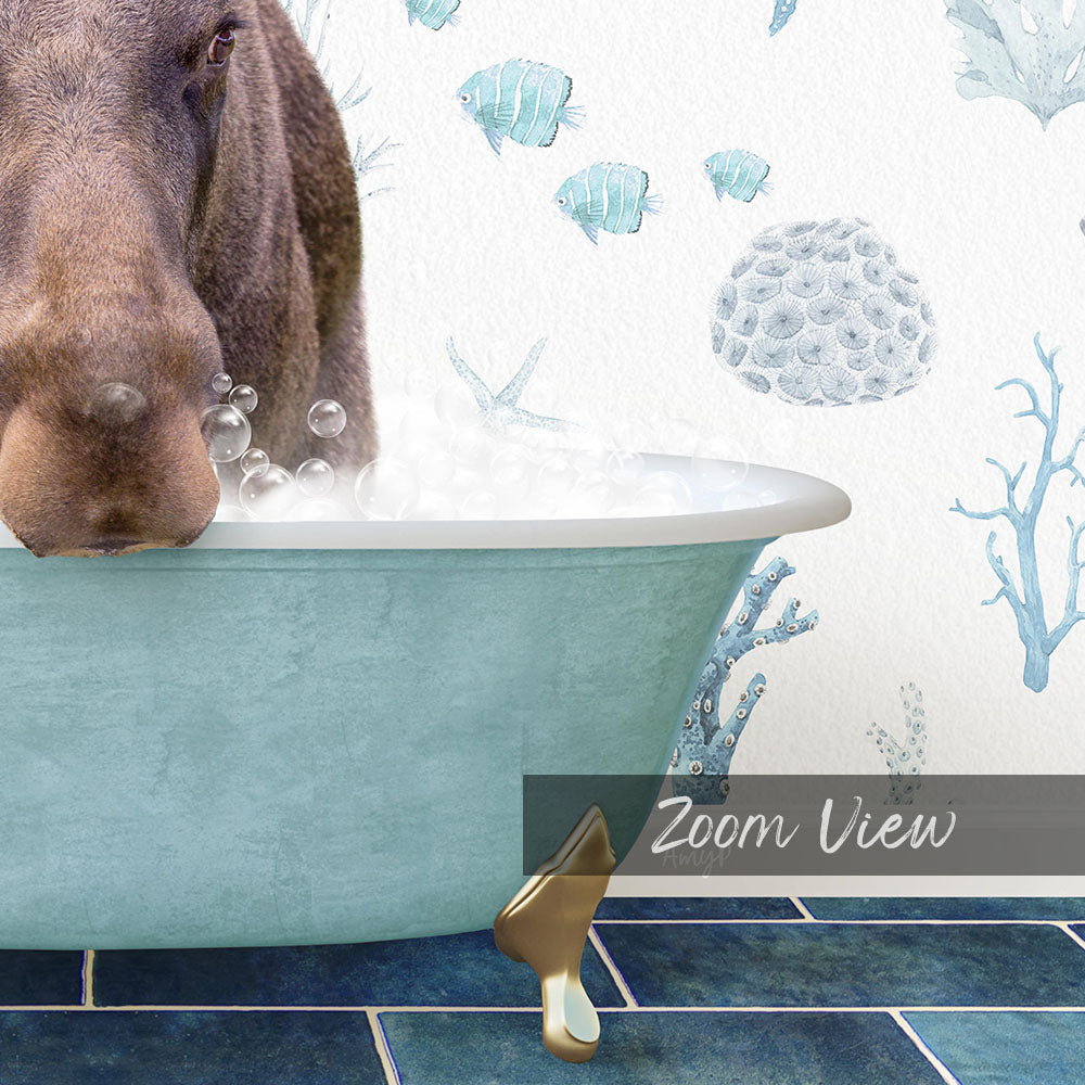 A dog is sitting in a bathtub filled with bubbles, surrounded by a blue and white underwater scene with fish and coral.