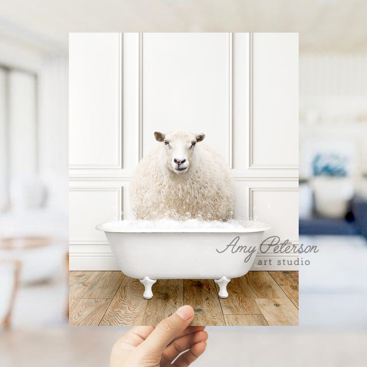 a sheep sitting in a bathtub in a room