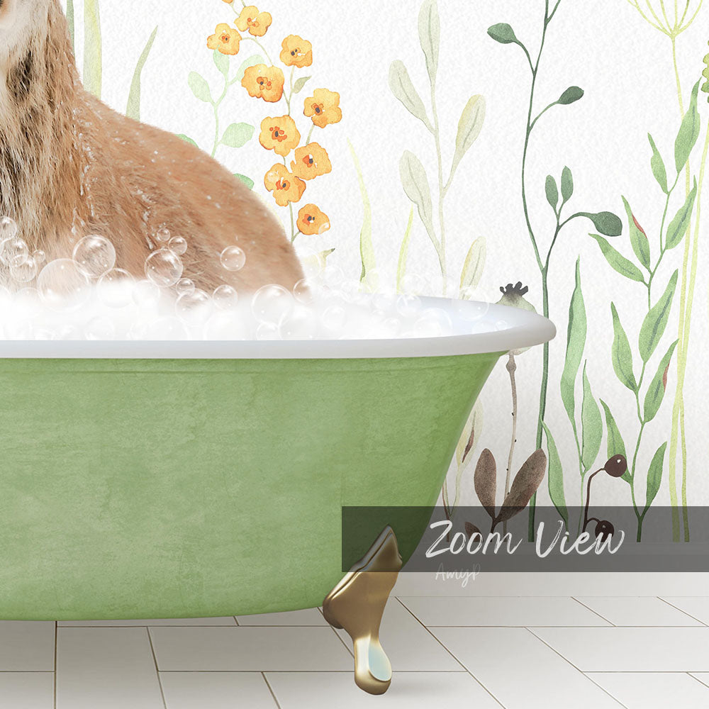 A cat sitting in a green bathtub filled with bubbles, surrounded by a floral wallpaper.