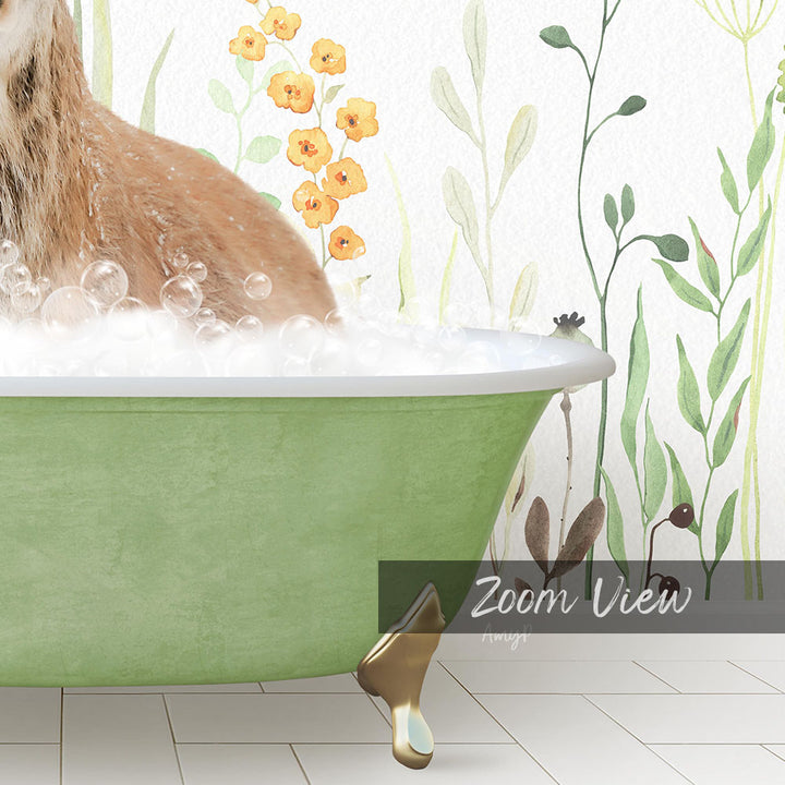A cat sitting in a green bathtub filled with bubbles, surrounded by a floral wallpaper.