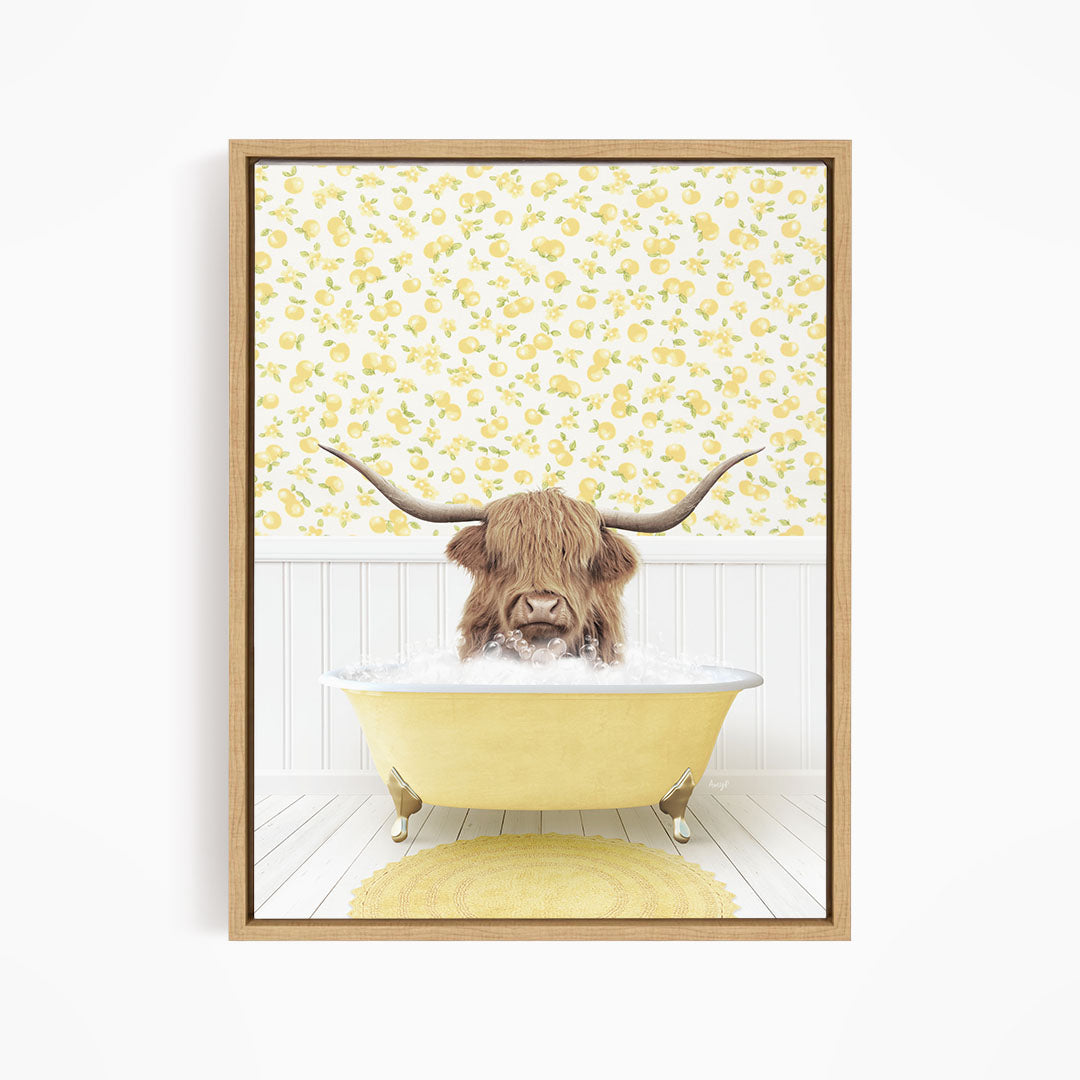 A brown cow with long horns is sitting in a yellow bathtub filled with water, surrounded by a yellow floral pattern on the wall behind it.