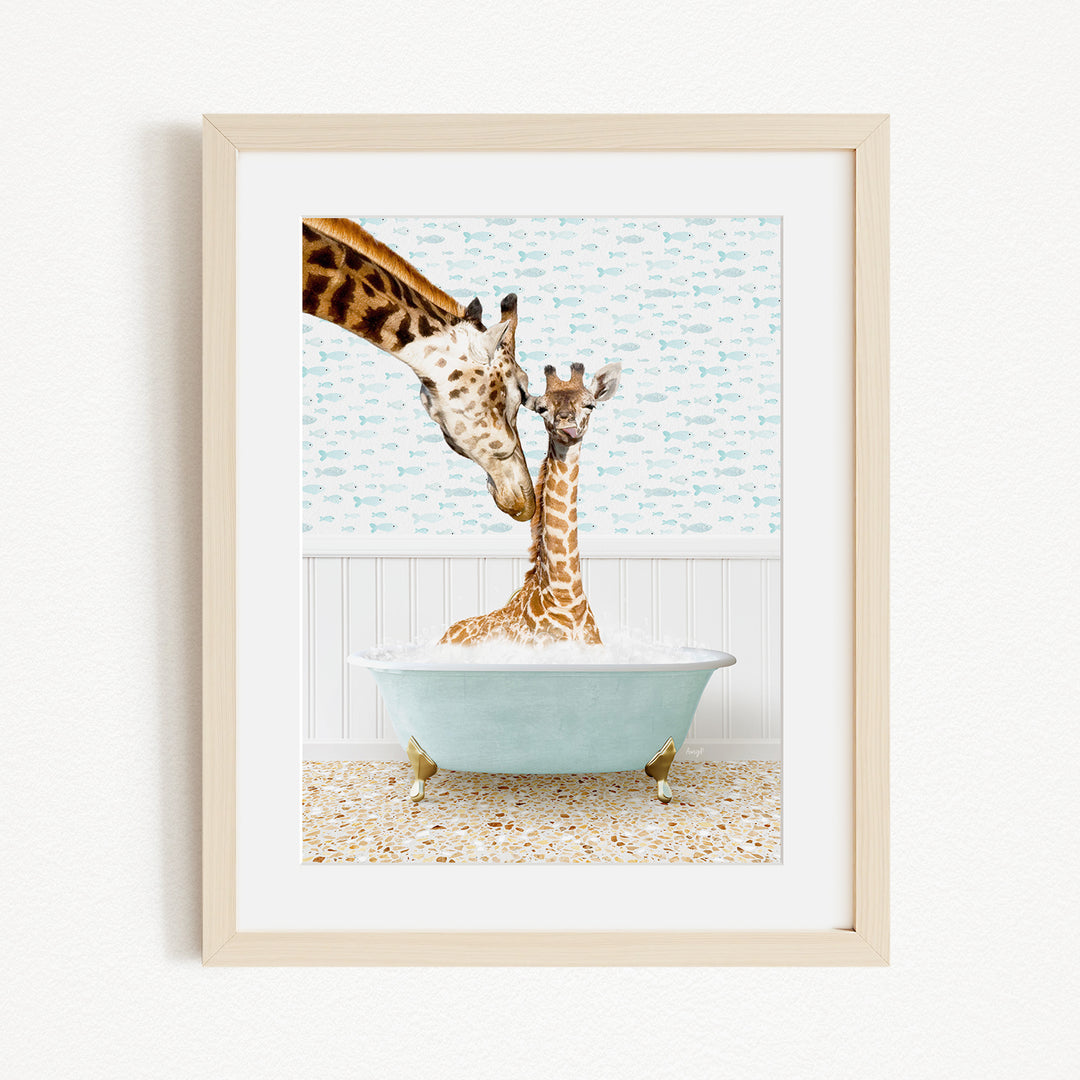 A mother giraffe and her baby giraffe are enjoying a relaxing bath in a light blue bathtub, surrounded by a patterned wall and floor.