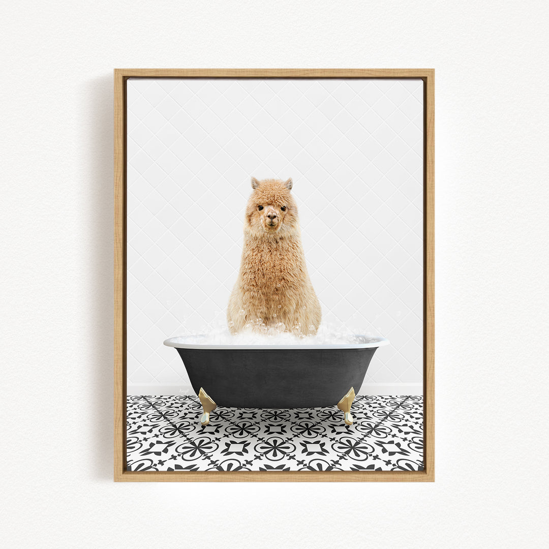 A fluffy brown dog sitting in a black bathtub filled with water, surrounded by a black and white patterned floor.