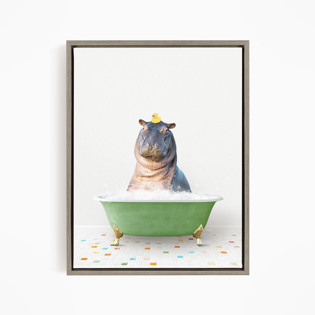 A hippopotamus sitting in a green bathtub, with a yellow rubber duck perched on its head.