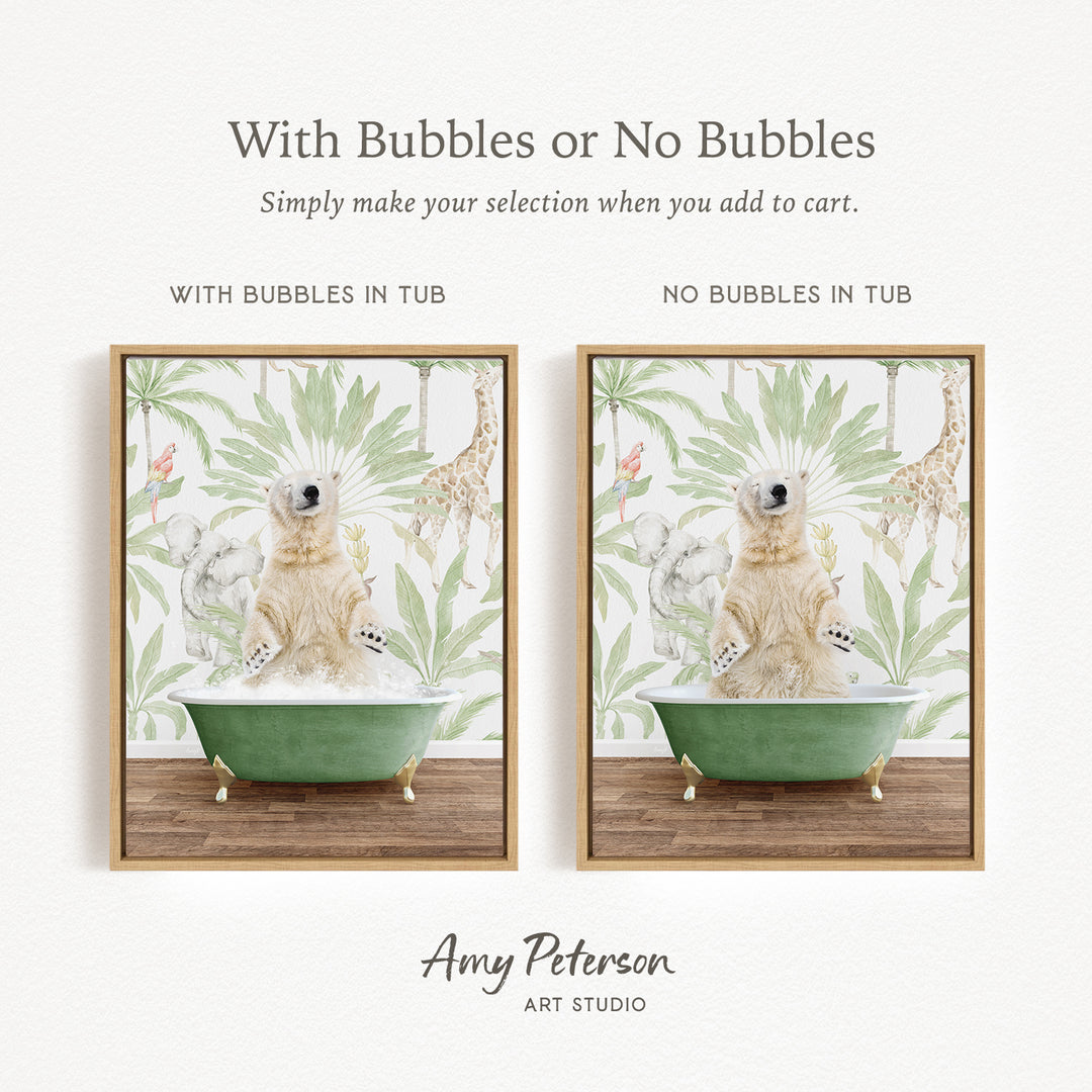 The image is a collage of two framed pictures, each depicting a polar bear sitting in a bathtub. The polar bear in the bathtub has bubbles, while the polar bear in the other bathtub does not have bubbles. The collage is titled "With Bubbles or No Bubbles" and is created by Amy Peterson from Art Studio.