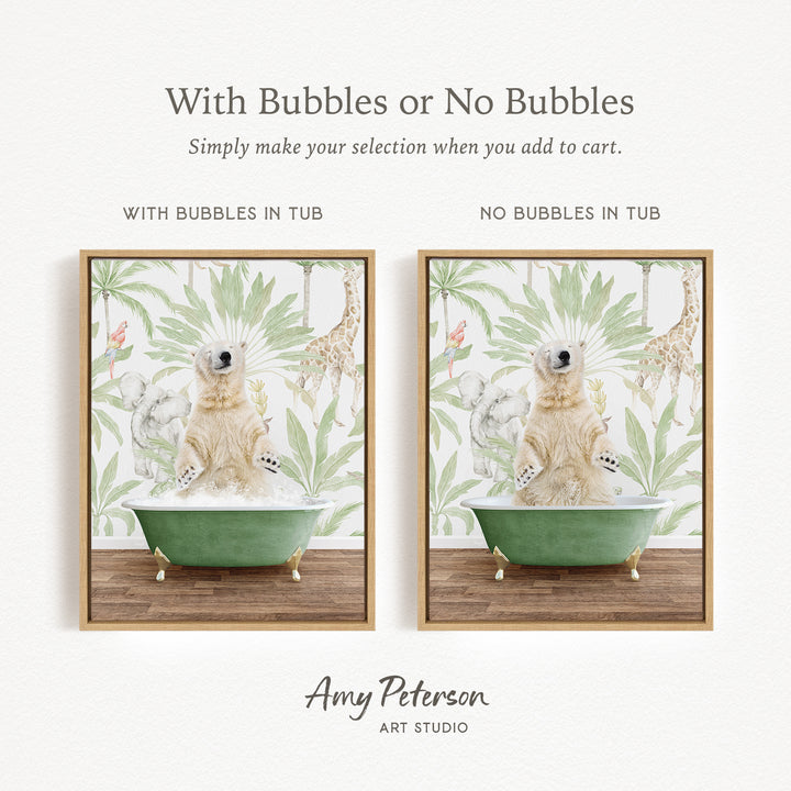 The image is a collage of two framed pictures, each depicting a polar bear sitting in a bathtub. The polar bear in the bathtub has bubbles, while the polar bear in the other bathtub does not have bubbles. The collage is titled "With Bubbles or No Bubbles" and is created by Amy Peterson from Art Studio.