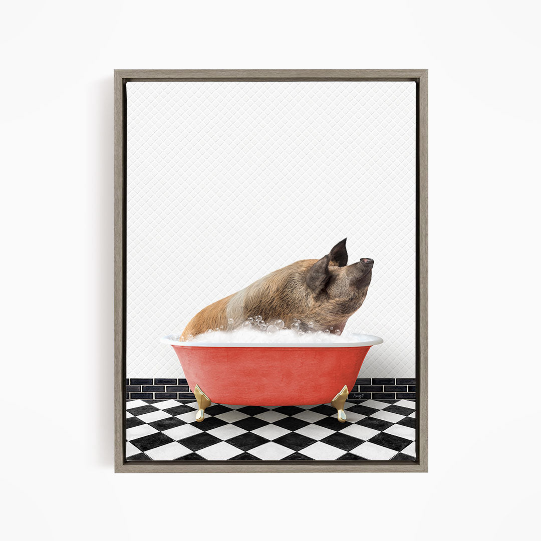 A brown pig sitting in a red bathtub filled with water, with a black and white checkered floor in the background.