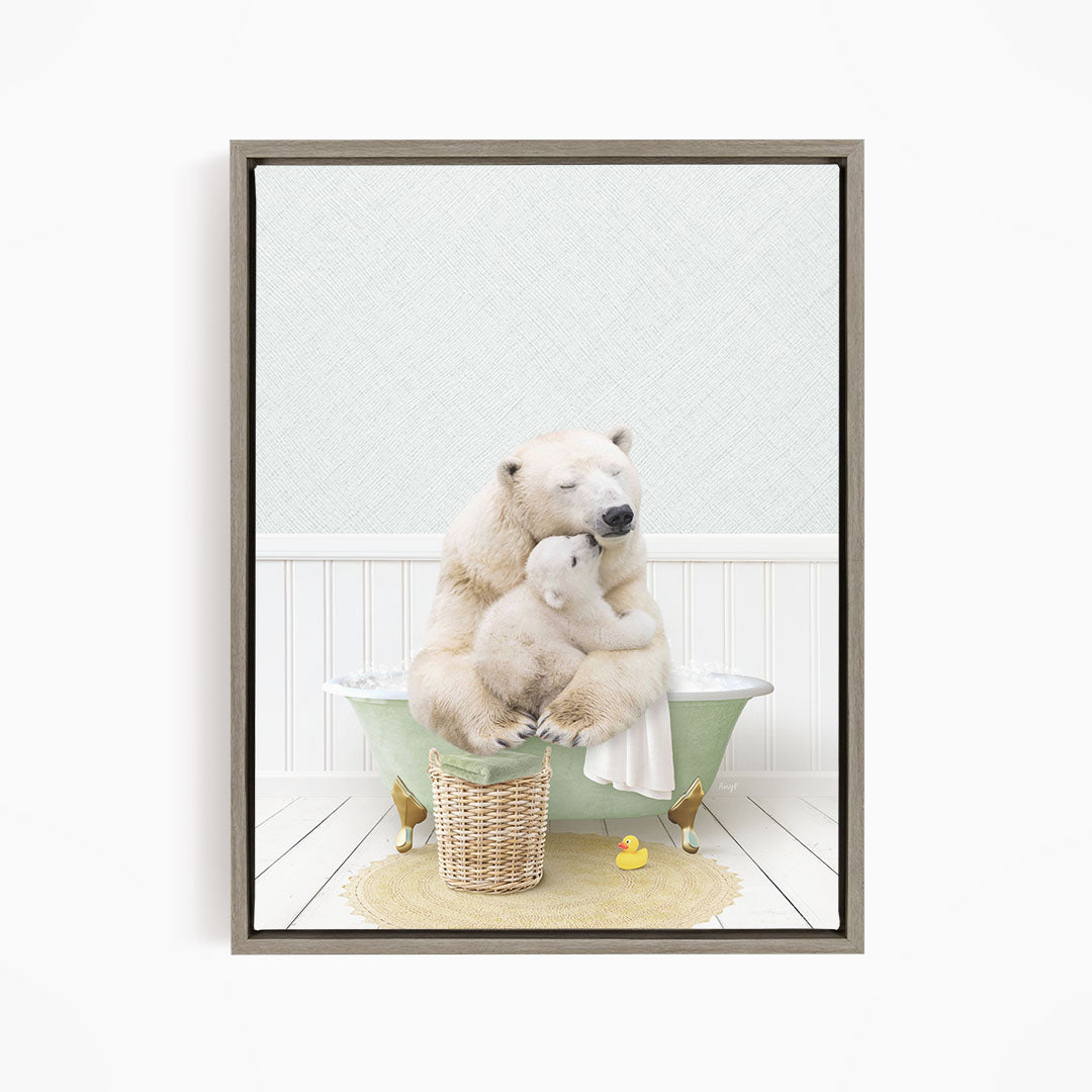 A polar bear is sitting in a bathtub, surrounded by a basket of toys and a rubber duck, creating a playful and whimsical scene.