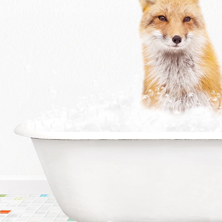 a fox is sitting in a bathtub full of bubbles