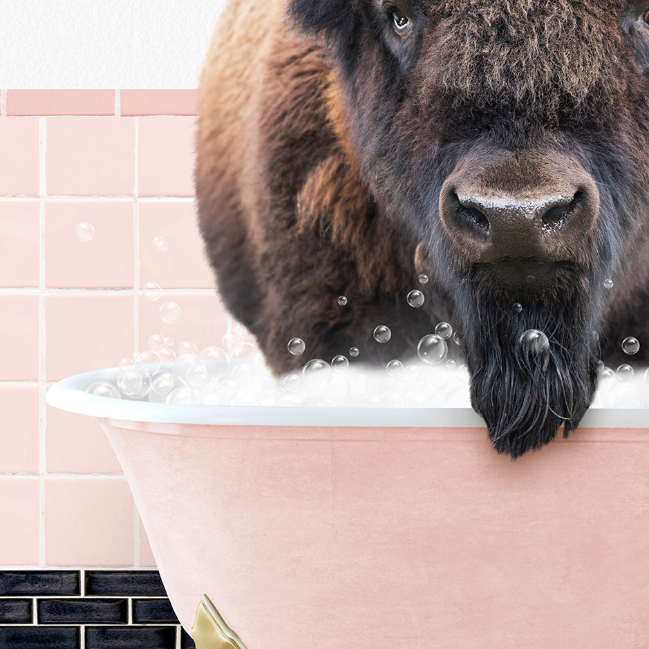 a large buffalo standing in a bathtub filled with bubbles