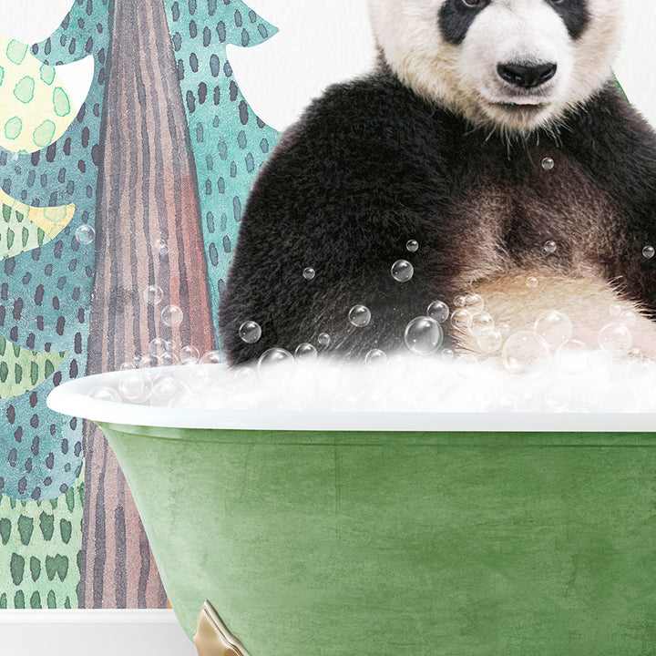 a panda bear sitting in a green bath tub