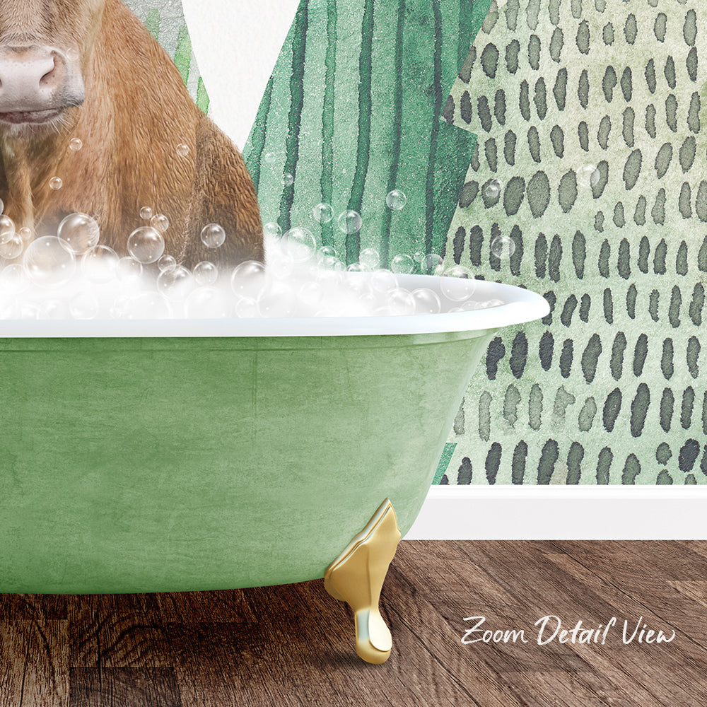A green bathtub filled with bubbles, with a brown animal, possibly a cow, sitting inside it. The bathtub has gold legs and is placed on a wooden floor.