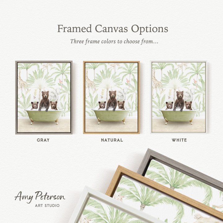 three framed canvas options featuring a bear bath scene with three different frame colors: gray, natural, and white.
