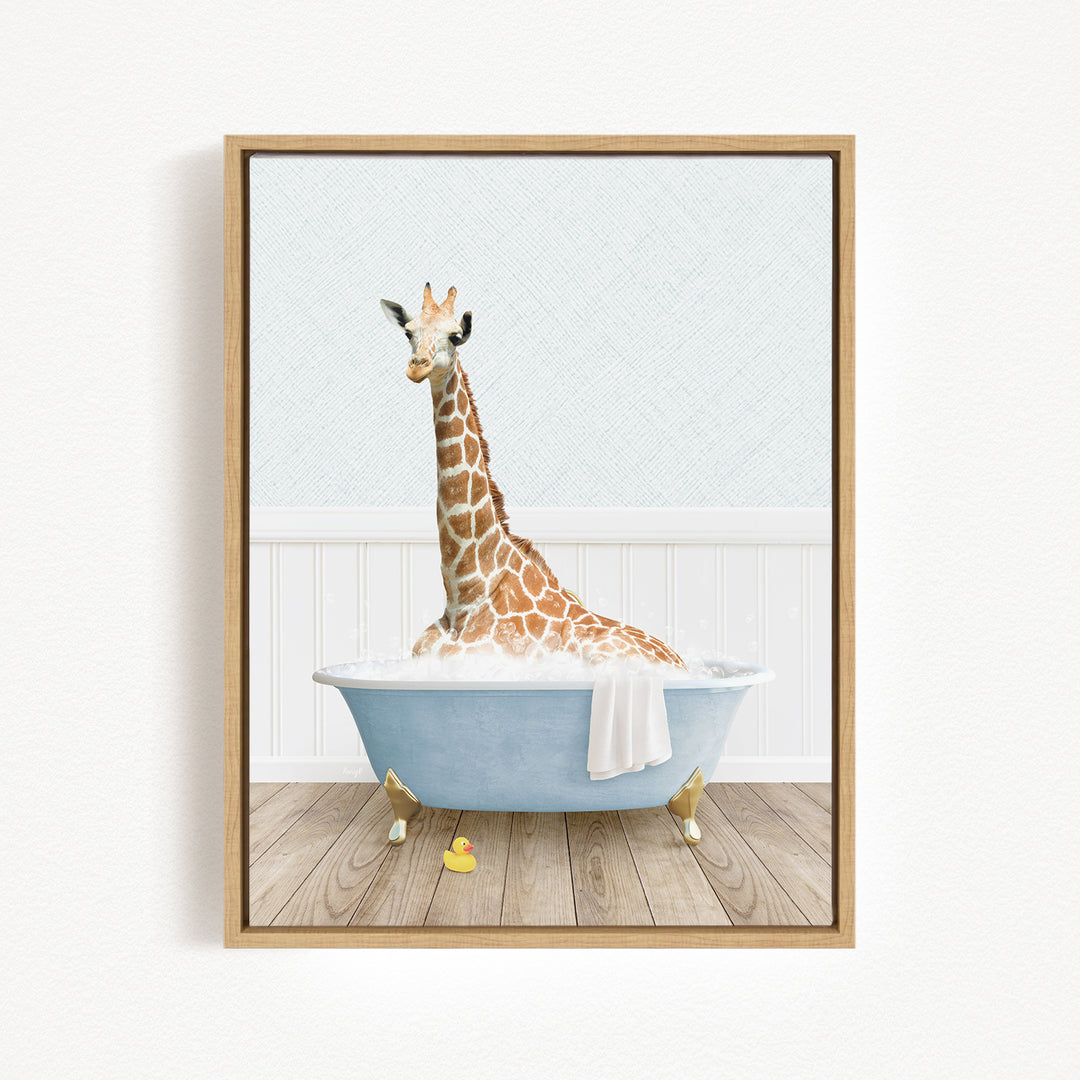 A giraffe is sitting in a blue bathtub filled with water, surrounded by a white wall and wooden floor.