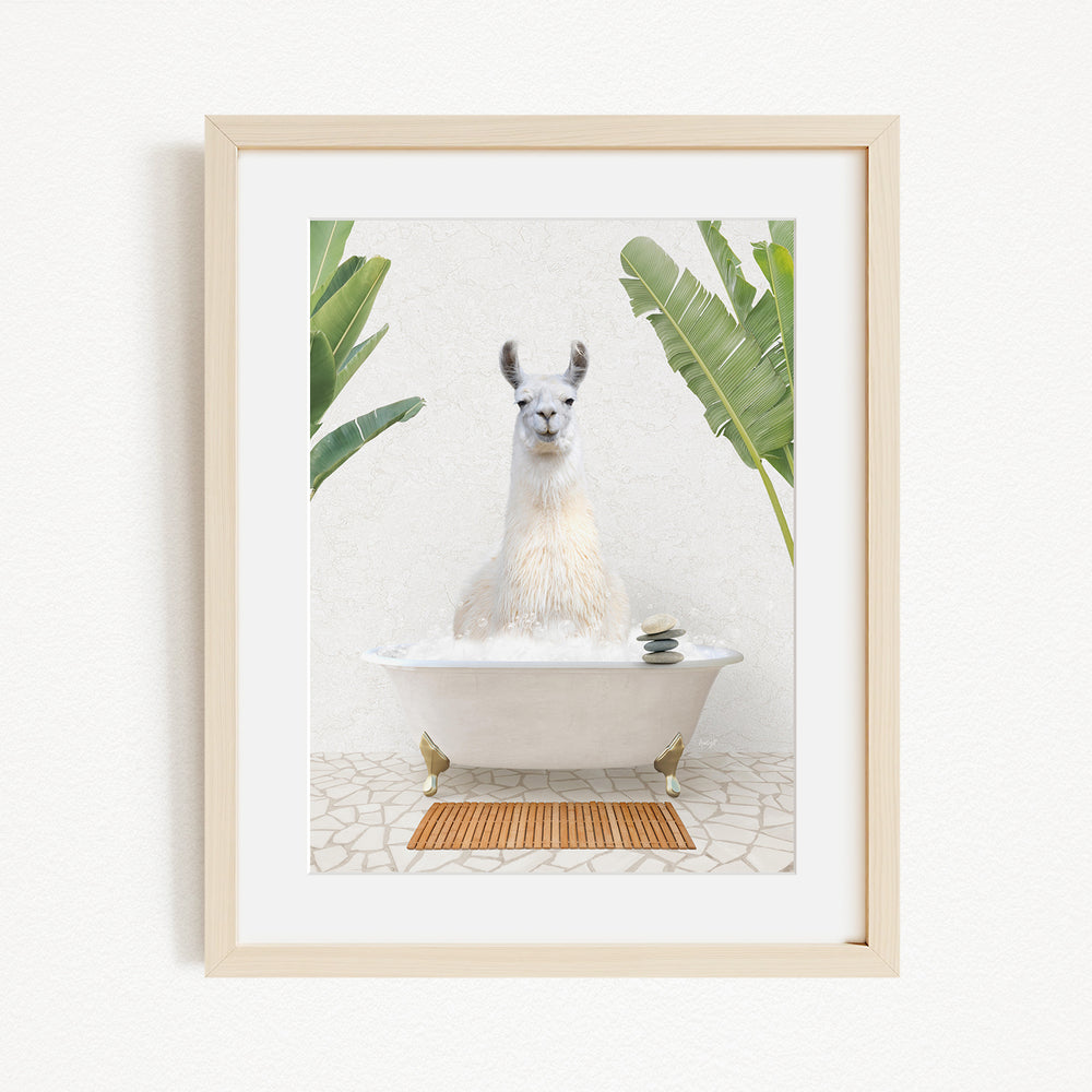 A white llama sitting in a white bathtub, surrounded by green plants, creating a whimsical and playful scene.