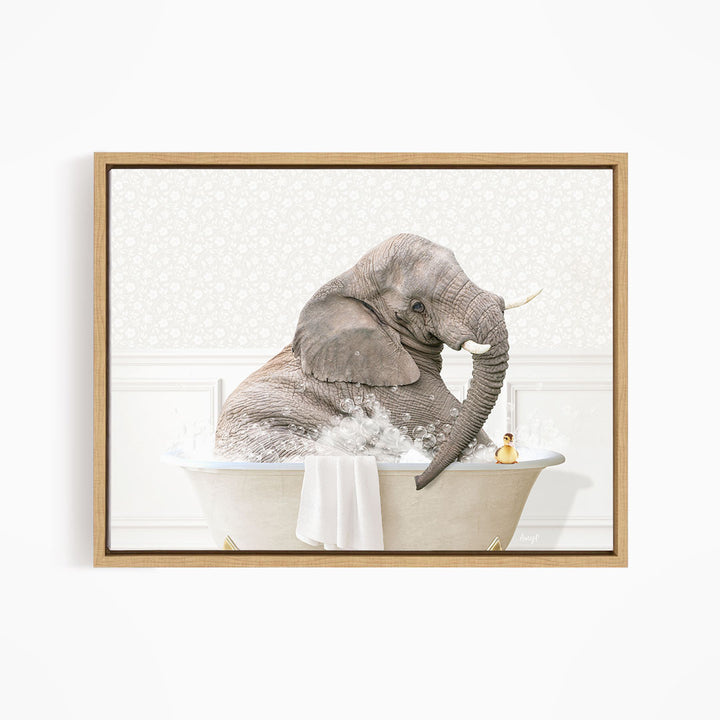 A gray elephant is sitting in a bathtub filled with water, with a yellow rubber duck floating nearby.