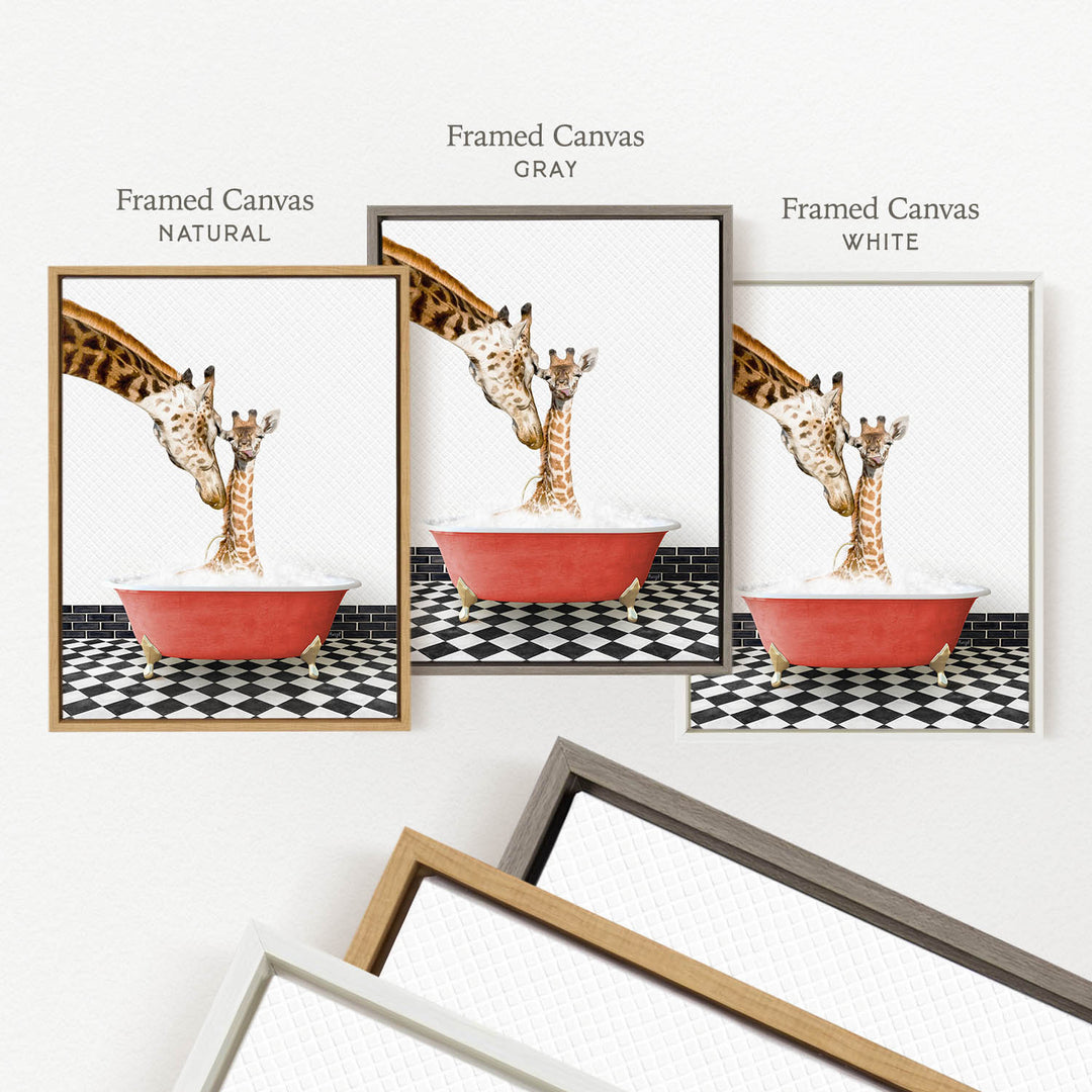 The image is a framed artwork depicting three giraffes in a bathtub, with one giraffe in a red bathtub and the other two in white bathtubs. The image is labeled as " Framed Canvas" in each of the three frames.