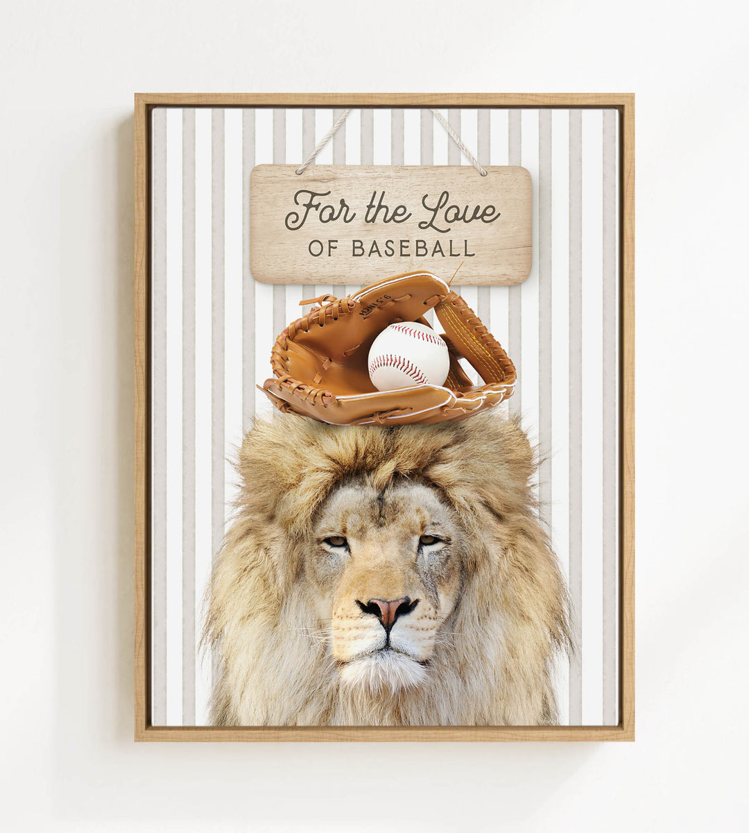A framed image of a lion wearing a baseball glove and holding a baseball, with a wooden sign above that says "For the Love of Baseball".